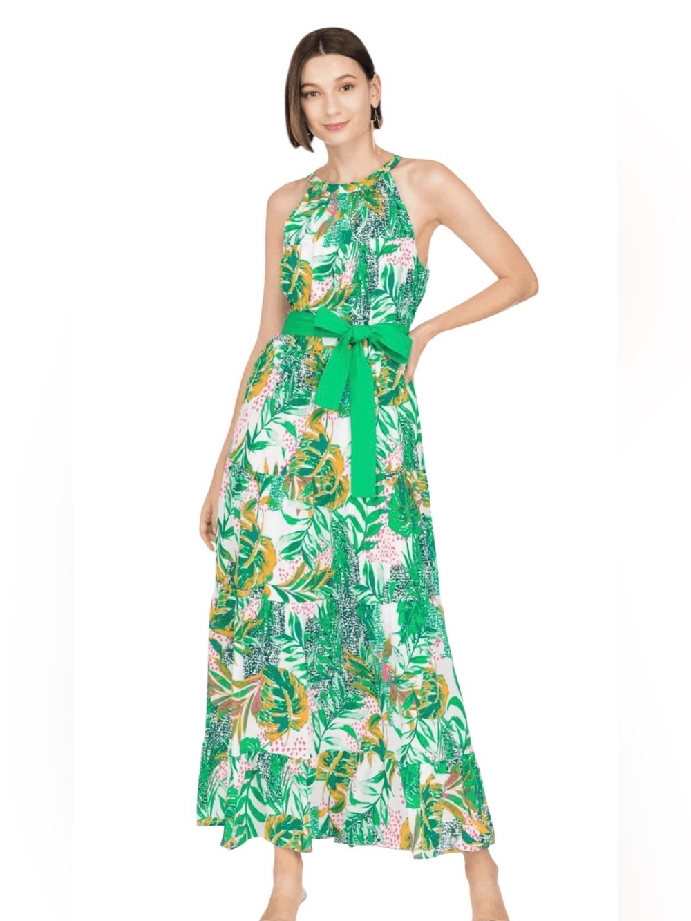 Jade Melody Tam Savvy Safari Sleeveless Resort Wear Maxi Dress Green Navy Large